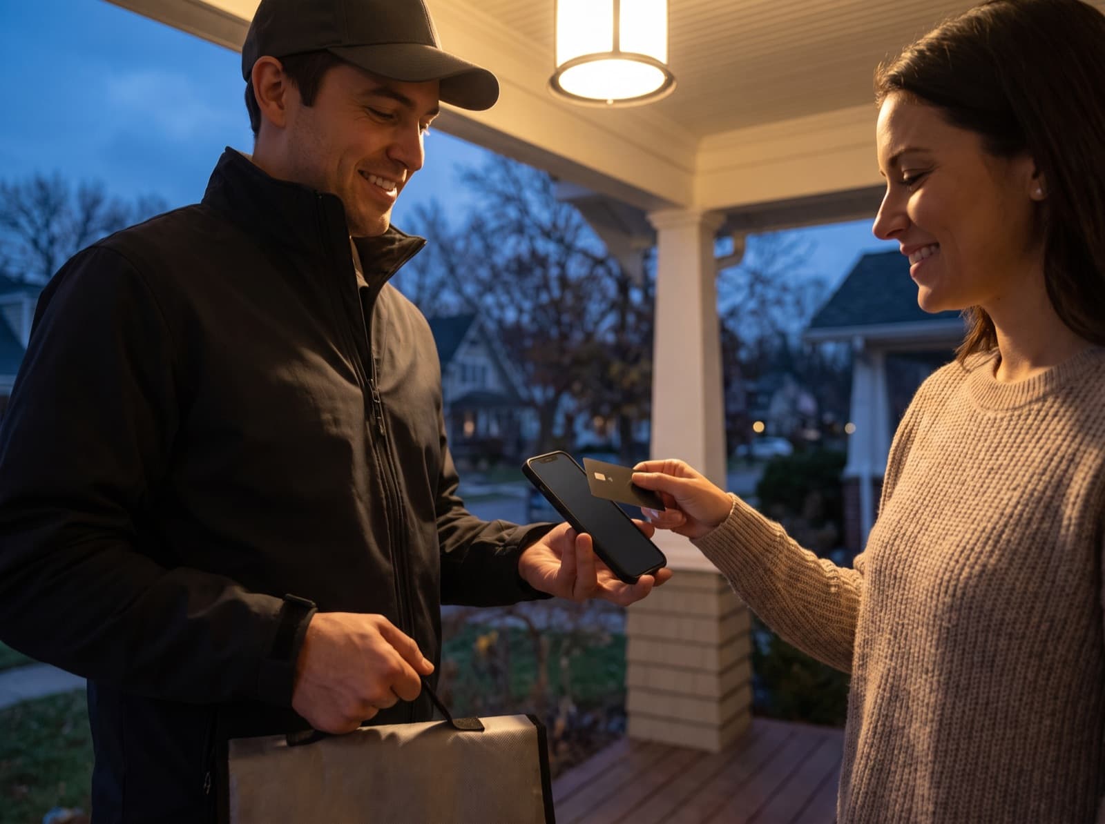 A delivery driver taking a contactless card payment on a phone at a customer's door.