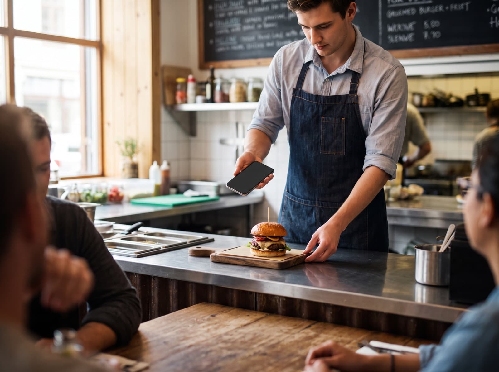 A restaurant owner photographing a freshly plated burger on his phone.