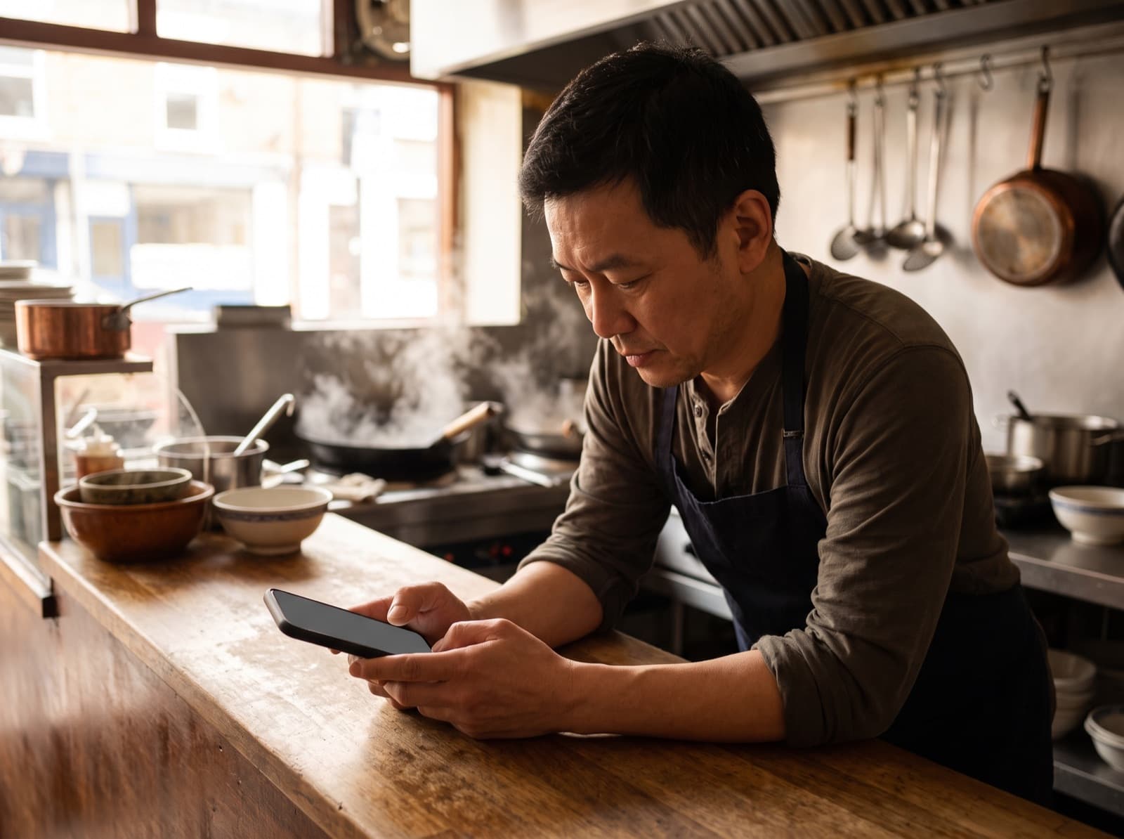 A chef updating his menu on a phone at the service counter of his takeaway.