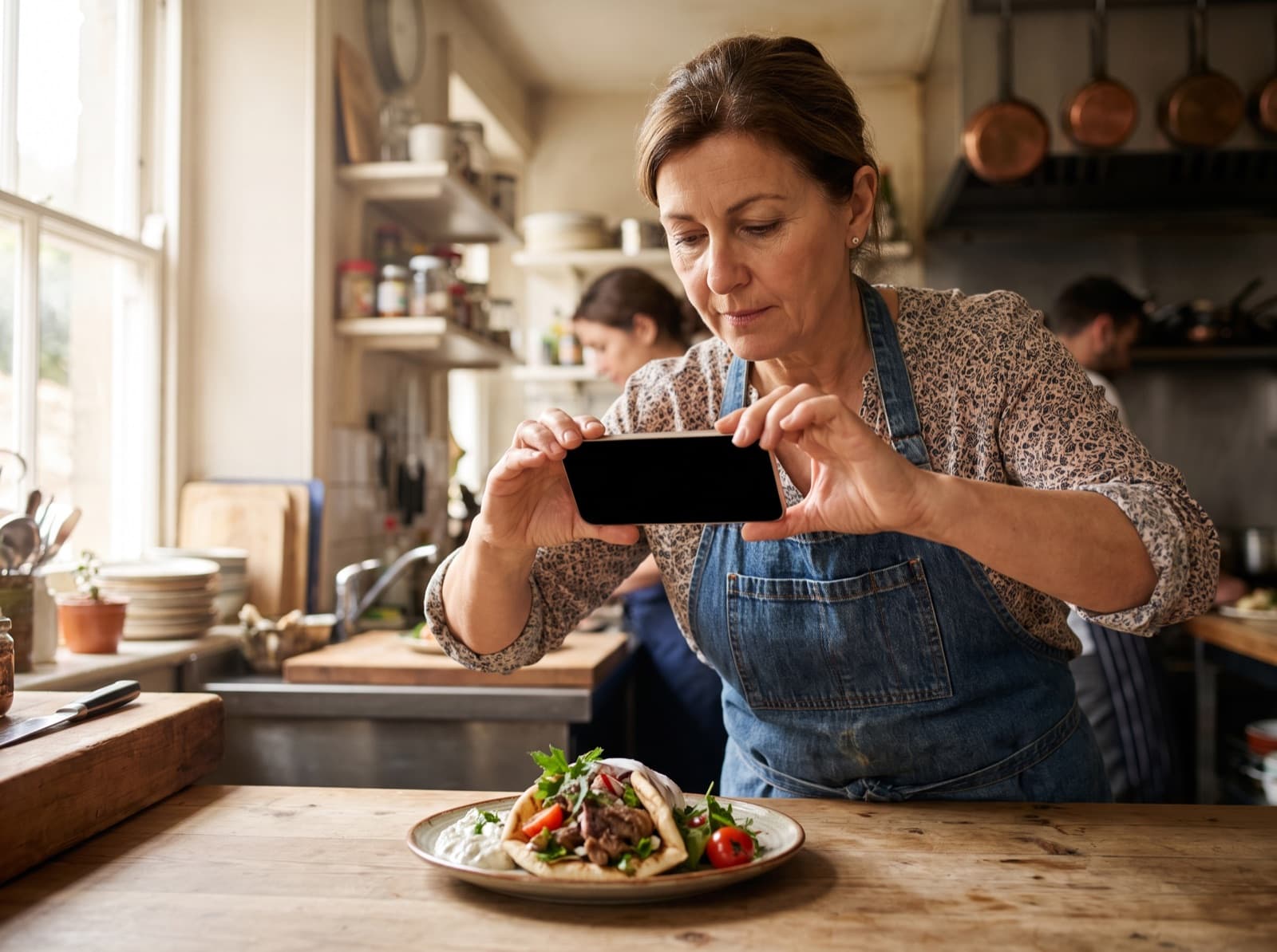 A restaurant owner photographing a gyro plate on her phone in her kitchen.