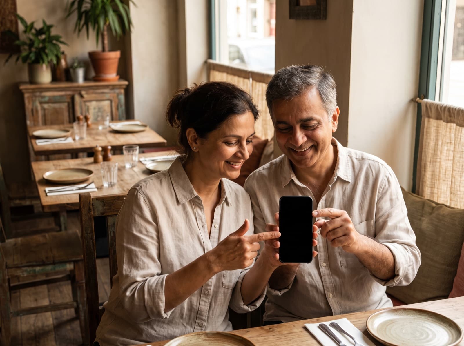 Two restaurant owners sitting together at a table in their empty dining room, setting something up on a phone.